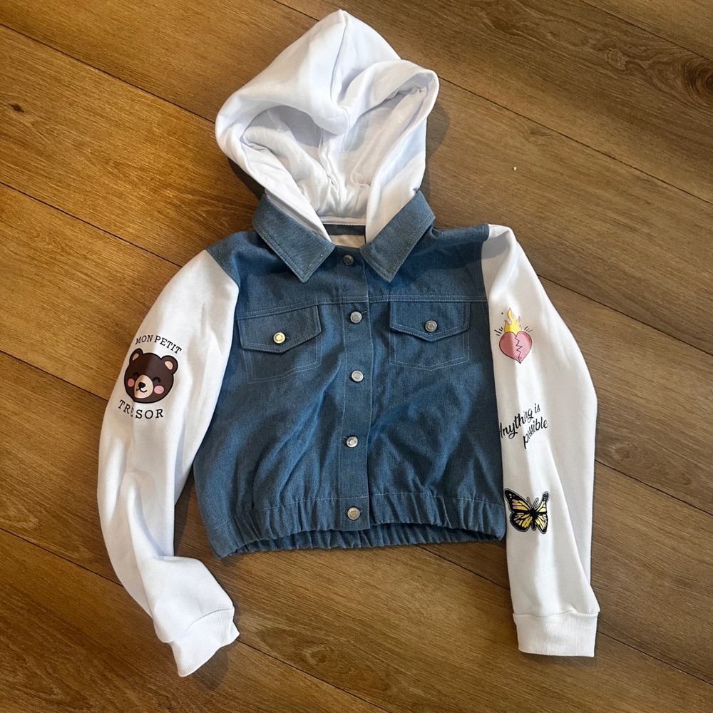 No Comment Girls Denim Jacket Hooded Sweatshirt Sleeves Graphics Blue White XL16